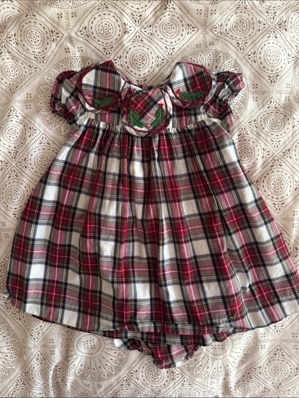 Sophia & Lucas Plaid Baby Dress with Wreath Embroidery - Red, Green, White